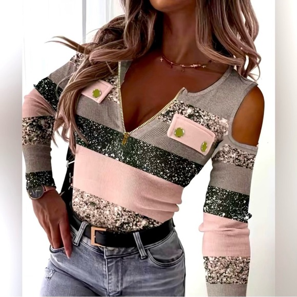 NWOT Zipper Color Block T-shirt, Casual Cold Shoulder - Picture 1 of 6